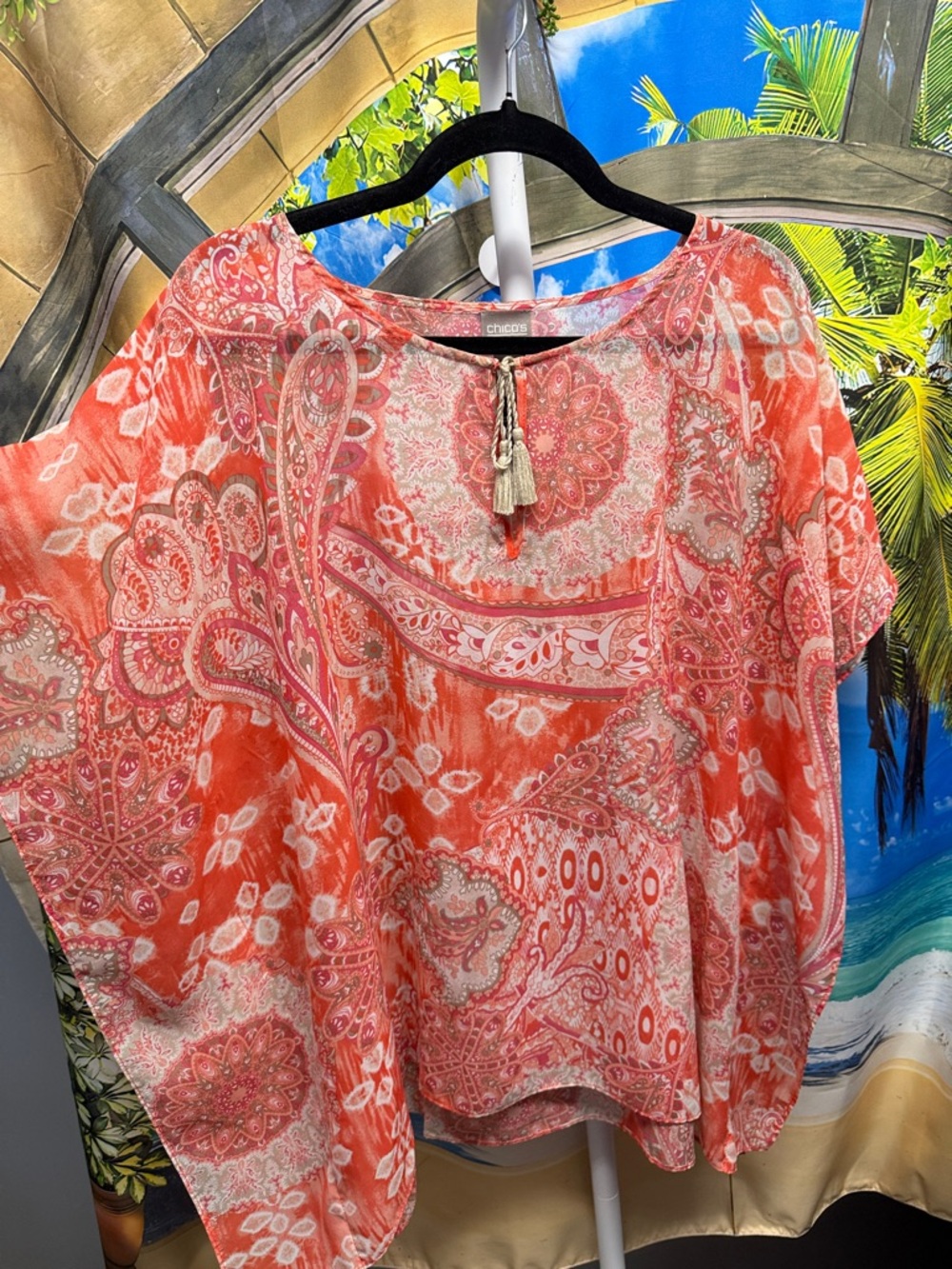 Chico's Coral Paisley Tie-Neck Poncho Blouse